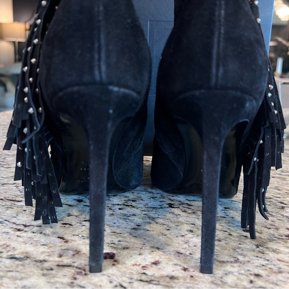 Saint Laurent Black Suede Leather Studded Fringe Trim High Heel Booties EU 39.5 - Picture 6 of 11